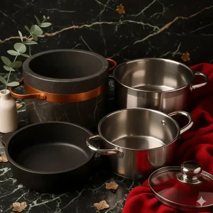 پک چدن + قابلمه تک استیل + قابلمه سنگی