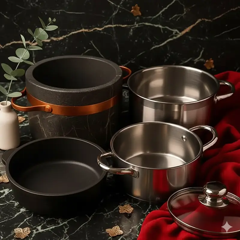 پک چدن + قابلمه تک استیل + قابلمه سنگی